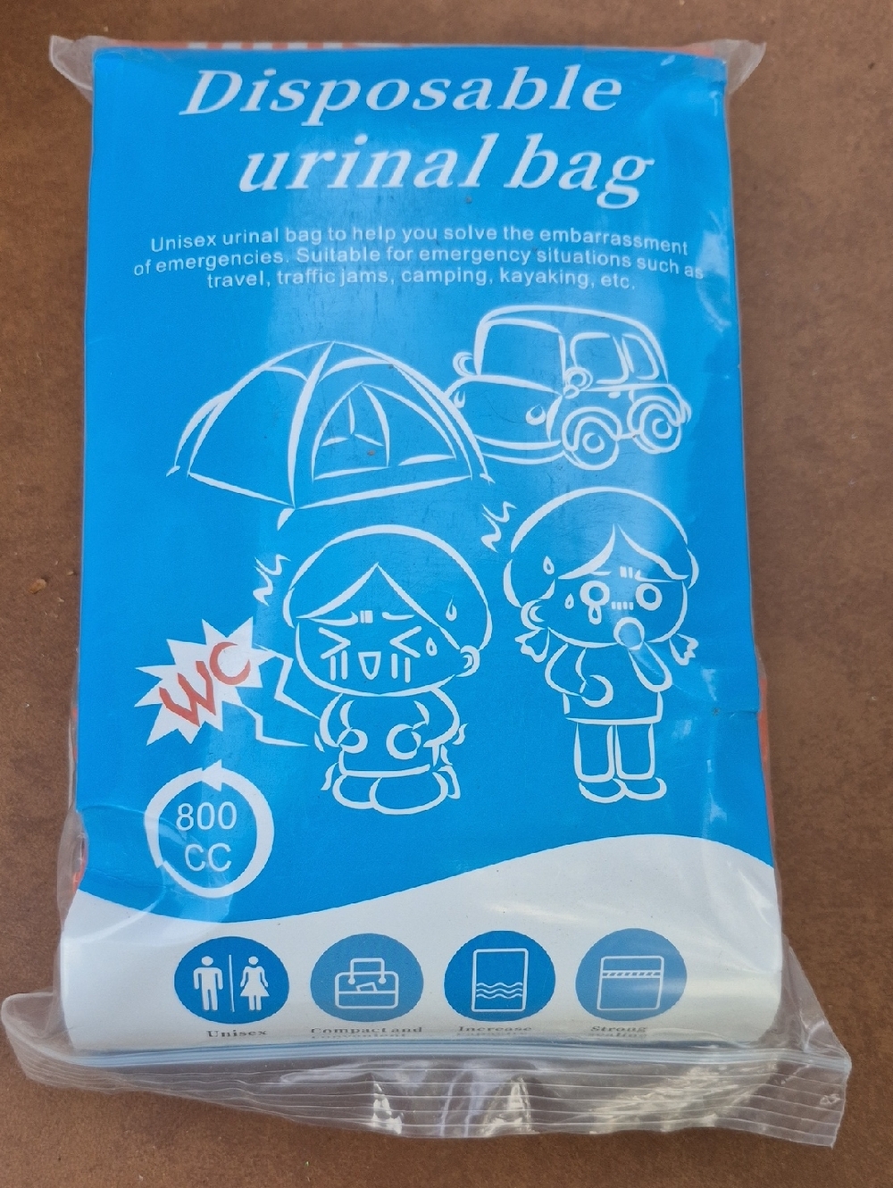 Travel Disposable Urinal Bag - Blue & Orange Packaging